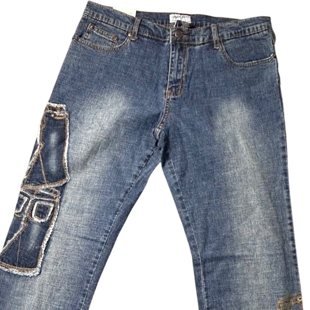 VTG Poco Jeans Womens Size 11 Blue Patchwork Embroidered Flare Stretch Denim NWT